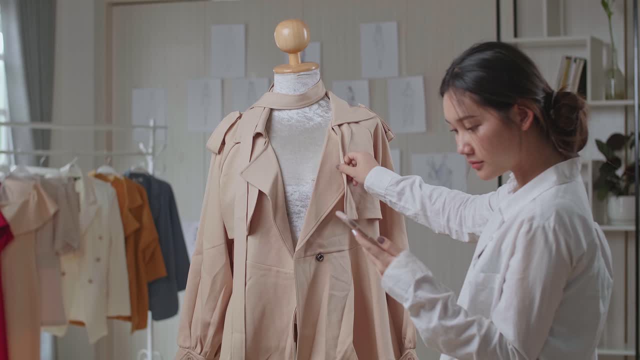 Young Asian Woman Fashion Designer Looking His Phone With Clothes On Mannequin Model