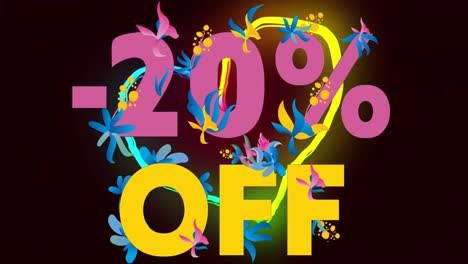 Animation-of-neon-heart-and-20-percent-off-with-flowers-on-black-background
