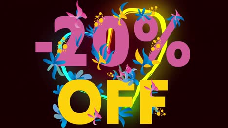 animation of neon heart and 20 percent off with flowers on black background