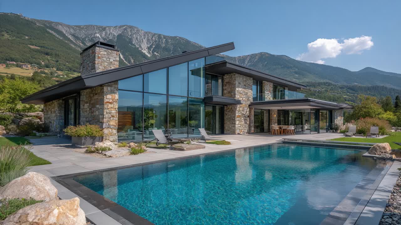 Una splendida villa moderna con facciate in vetro e una piscina rilassante con vista su un suggestivo paesaggio montano, perfetta per il relax e uno stile di vita lussuoso