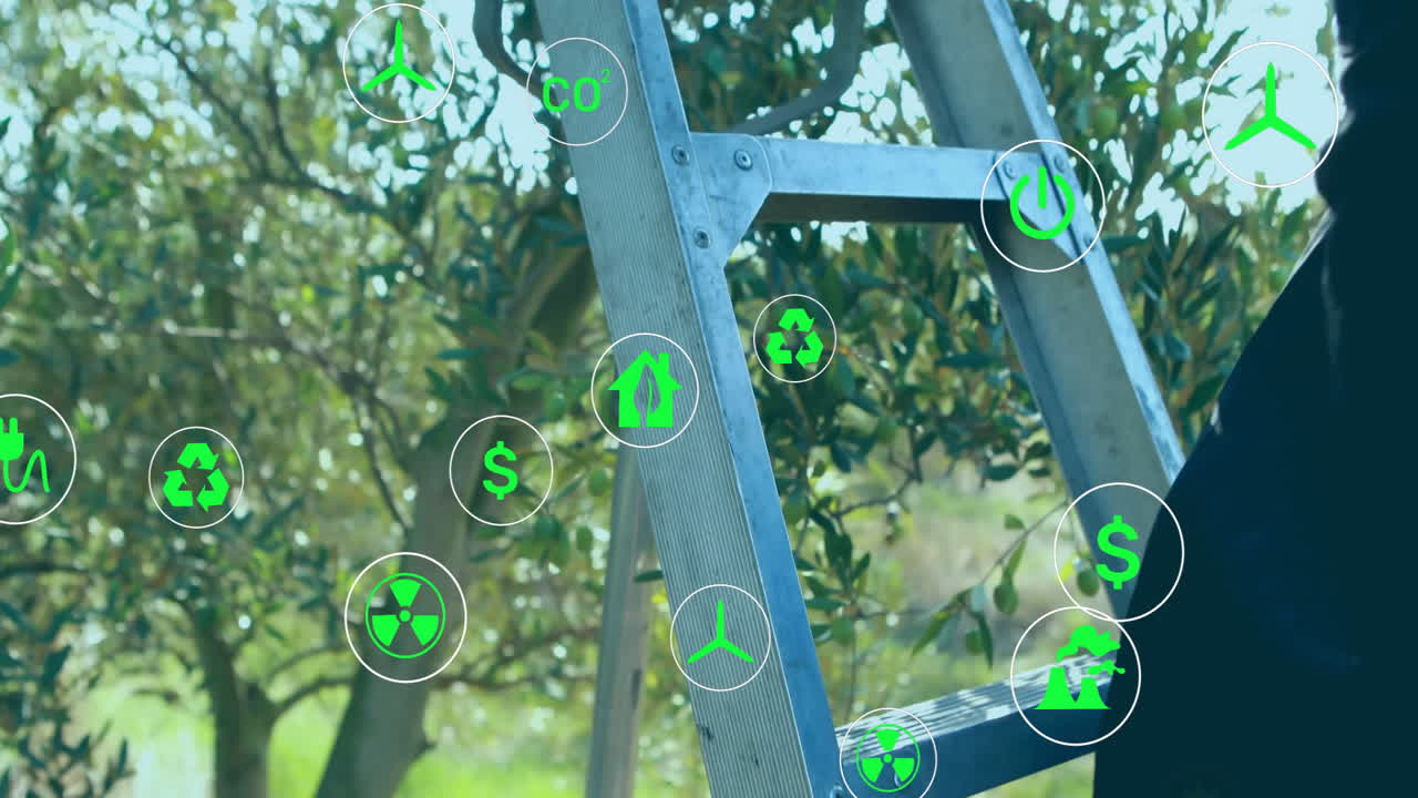woman climbing ladder outdoors, showing floating eco-icons for clean energy technology