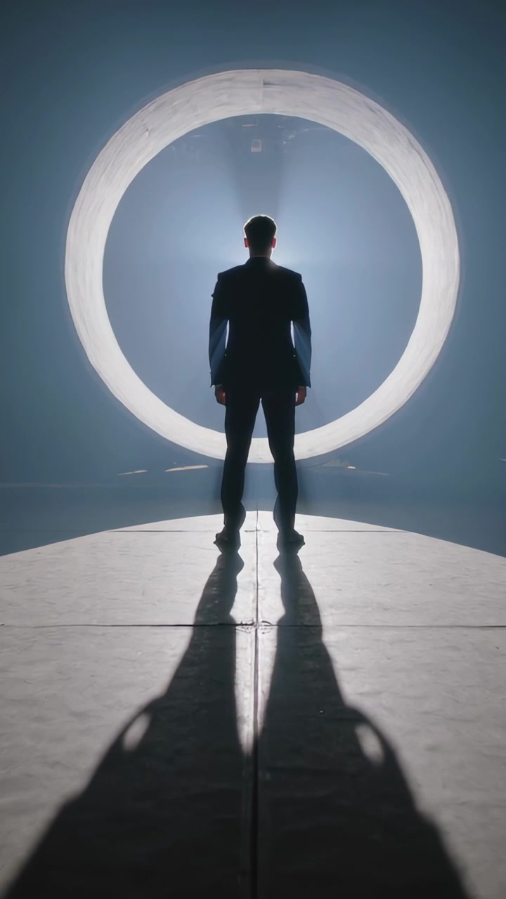 Vídeo vertical: Holofote acendendo, homem de terno escuro posando no palco para um retrato, com um halo de luz.