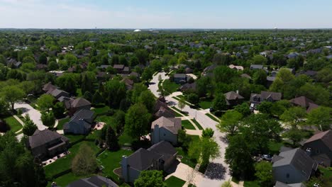 scenic view above residential neighborhood in suburban american town
