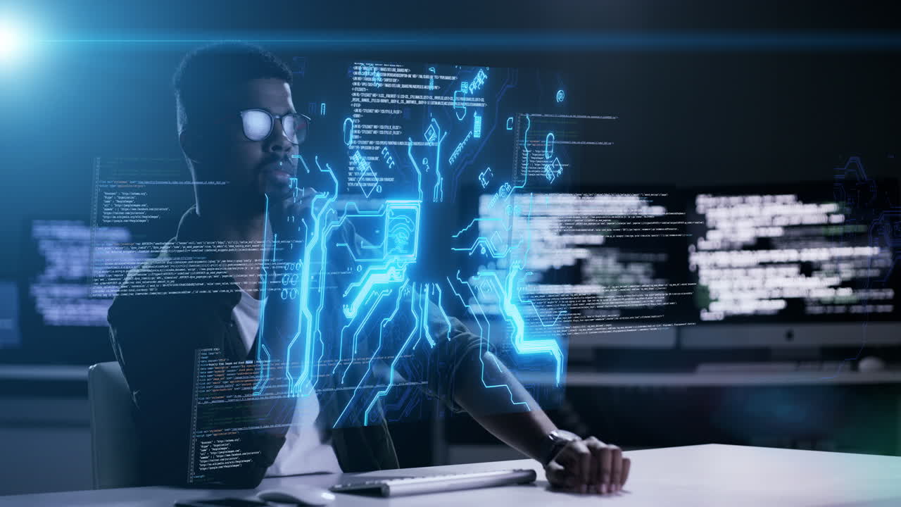 Man, programming and dashboard hologram at night