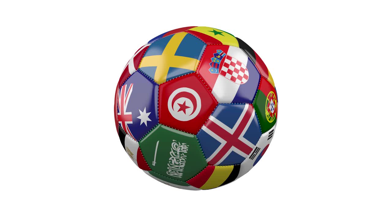 색 배경 에 세계 나라 들 의 발 이 있는 회전 하는 축구 공, 루프