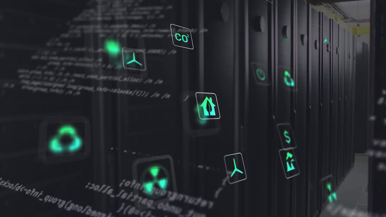 animación de iconos ecológicos y procesamiento de datos a través de servidores informáticos.