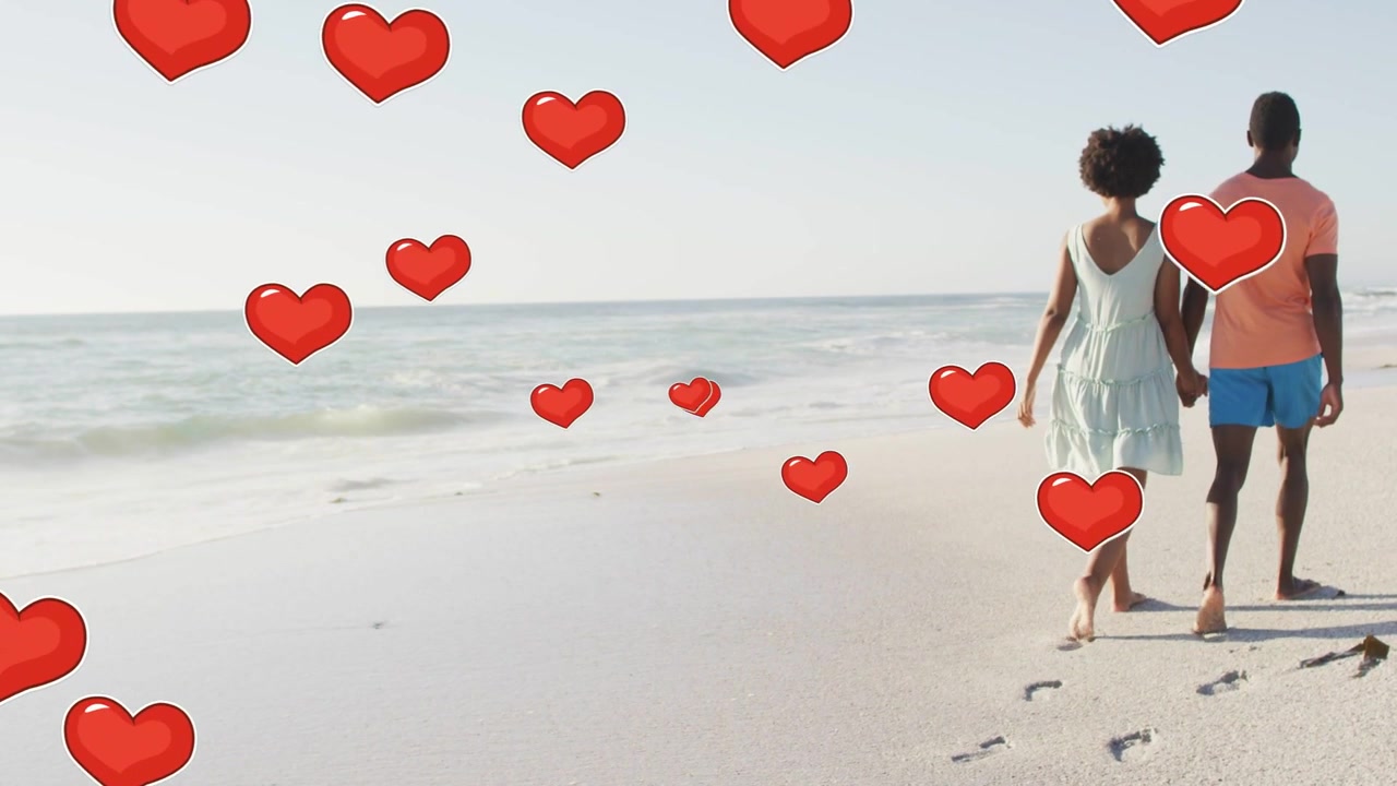 Scena da social media con una coppia che cammina lungo la spiaggia, cuori rossi animati che fluttuano intorno alla coppia