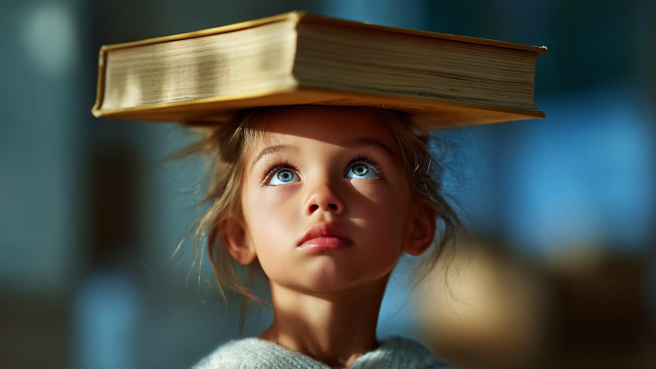 A Young Child Balancing an Open Book on Their Head, Showcasing Focus and Concentration, While Embracing Playful Learning in a Cozy and Inviting Environment