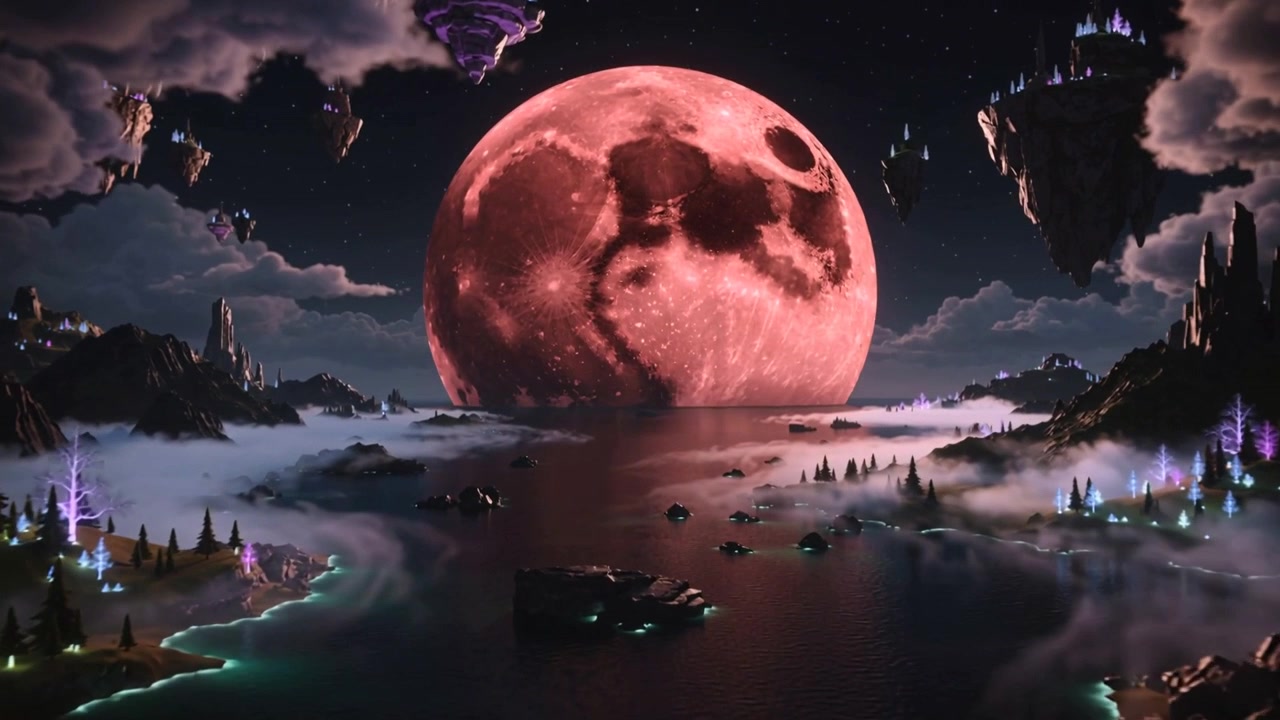 Carrellata lenta della telecamera che centra una gigantesca luna cremisi all'orizzonte sopra un lago calmo, con alberi illuminati al neon.