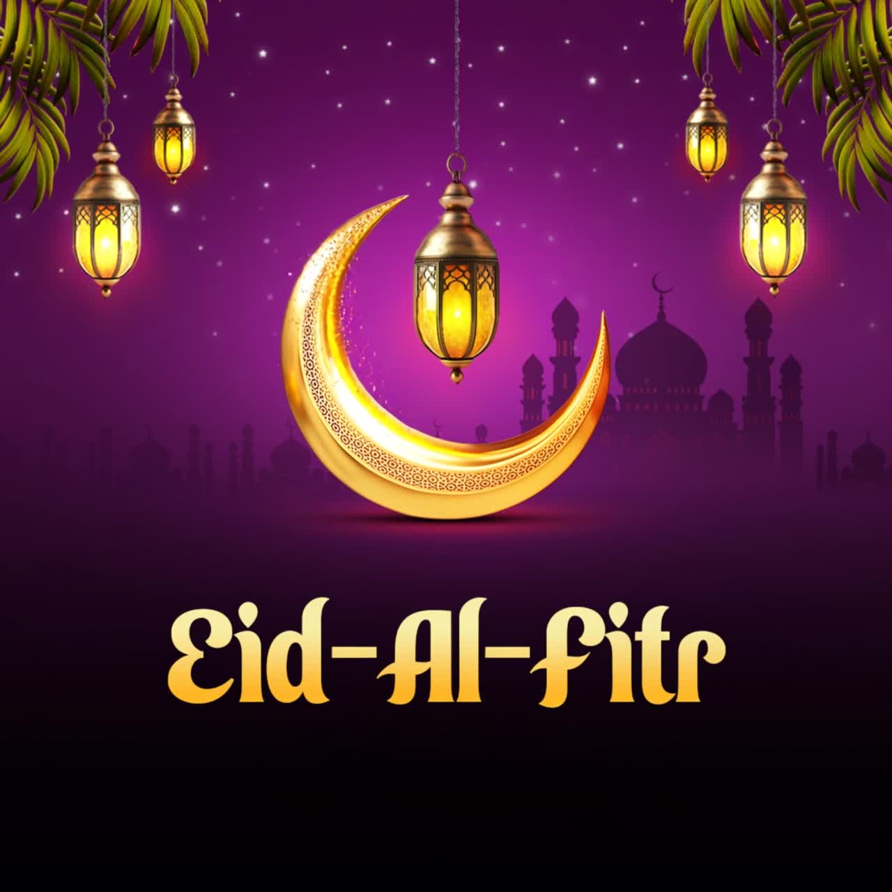 Animazione per post sui social media di auguri Eid al-Fitr con lanterne a silhouette di moschea a mezzaluna su sfondo sfumato viola.