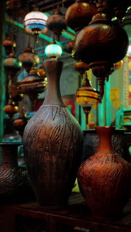 beautiful handmade pottery vases and lamps in an oriental market