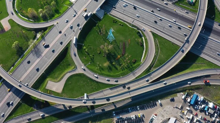 Aerial view of a freeway intersection traffic trails in Moscow.