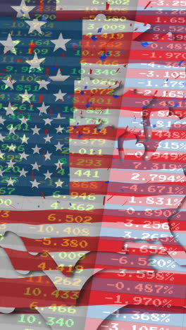 animación del procesamiento de datos financieros sobre las banderas de los estados unidos de américa