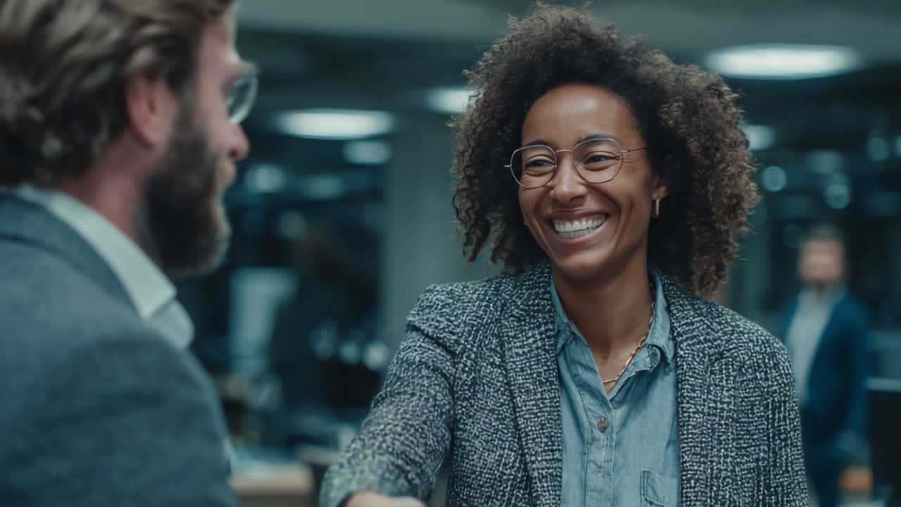 A joyful interaction between two professionals in a modern office setting, showcasing the importance of networking and collaboration in achieving success