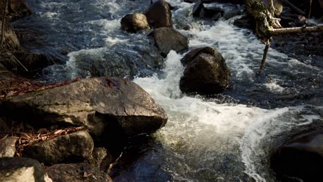 strong flowing river on boulders in mountain hikes of park of the chute-à-bull in saint-côme, quebec, canada