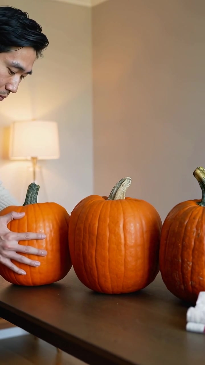 Vertical video: Entering man in white adjusting 3 pumpkins on table to form neat row, copy space