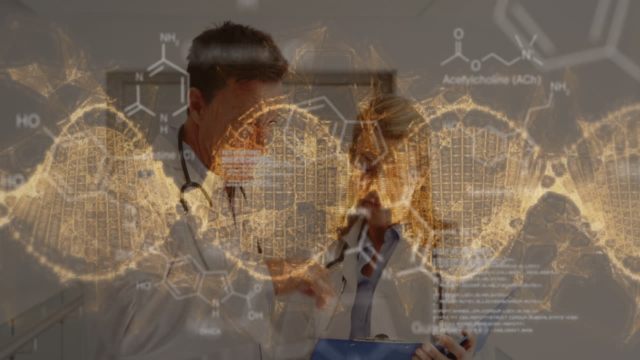 animación de procesamiento de datos y cadena de adn girando sobre diversos médicos