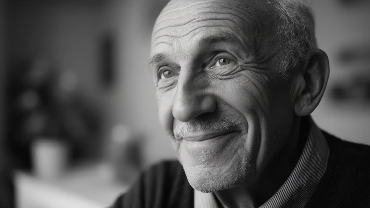 Un anziano signore pensieroso che sorride con gioia in un ambiente interno caldo, catturando momenti di saggezza e felicità attraverso la sua espressione gentile e i suoi occhi.