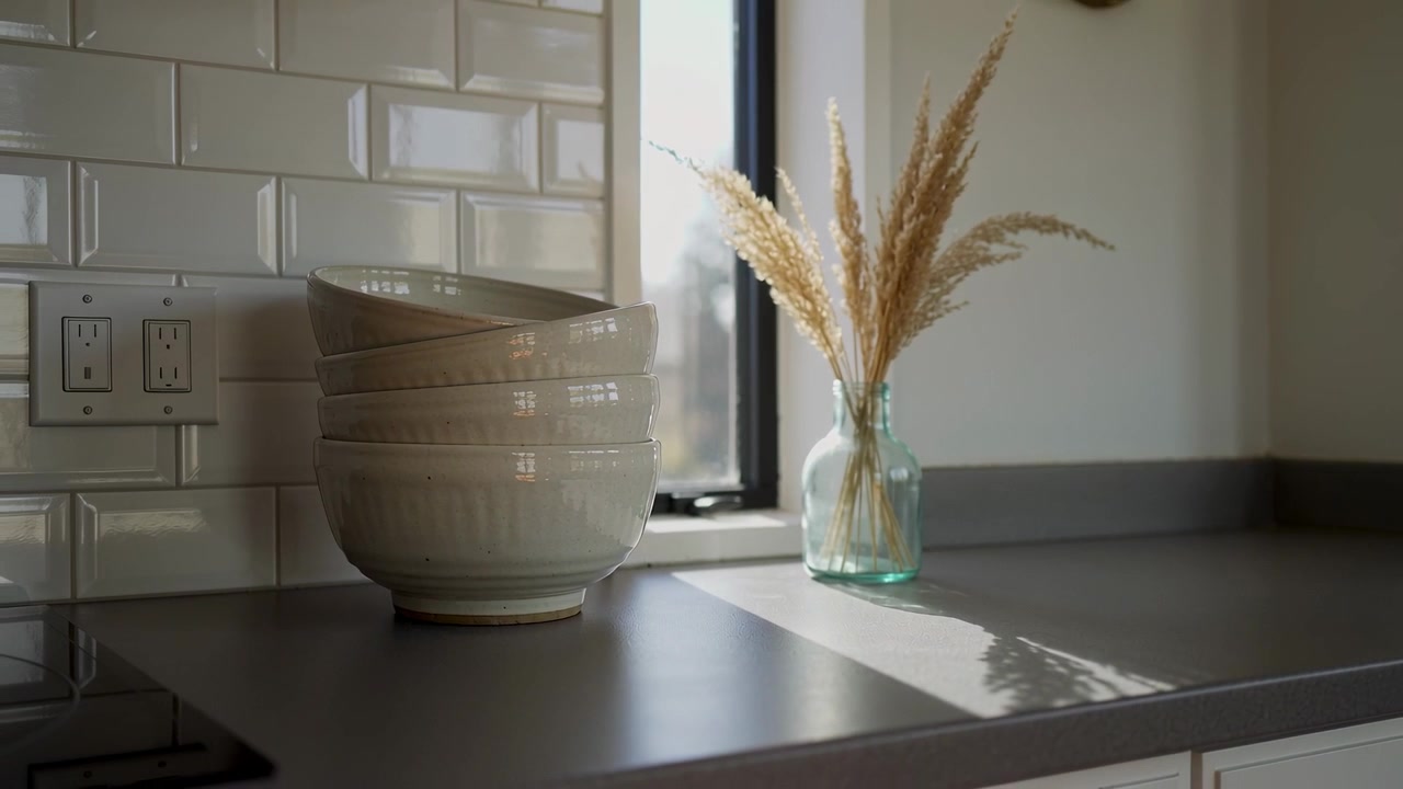 Pulling back cam revealing kitchen bowls and aqua vase with stems casting shadow sunlight shifting
