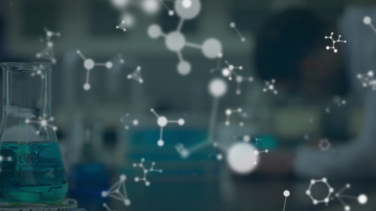 Animation of molecules over biracial male scientist in lab