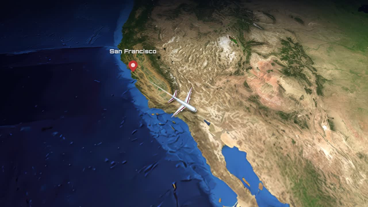 Satellite view animation tracks a commercial airplane flying from San Francisco to Mexico City