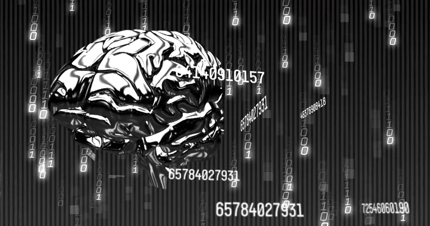 Reflective brain rotating as binary rain starting, revealing numeric labels and visualizing data