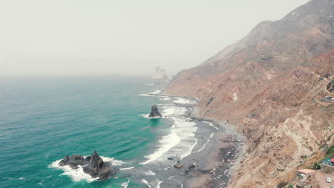 Aerial-view-of-remote-and-wild-Benijo-beach-in-Tenerife-island,-Canary-Islands,-Spain