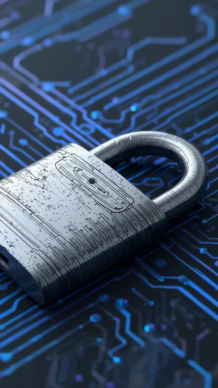 Vertical video: Camera tilting revealing rotating padlock on lit circuit board traces pulsing