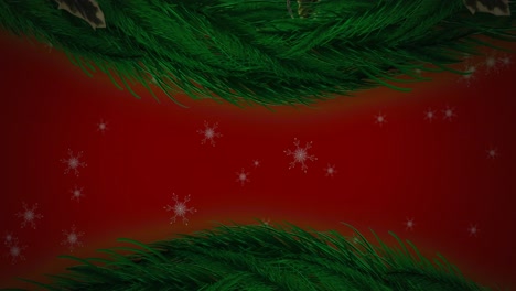 Christmas-wreath-decoration-and-snowflakes-icons-falling-against-red-background