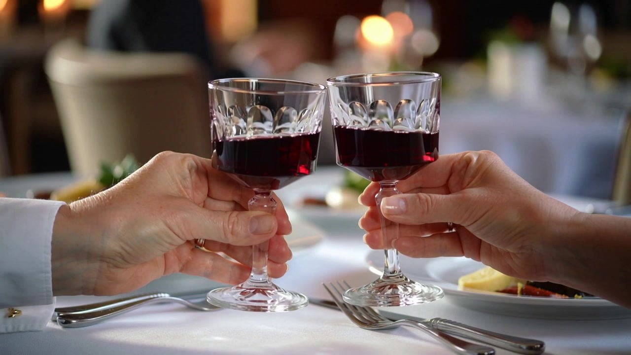 Raising two diners' hands moving inward, toasting with crystal wine glasses at formal restaurant