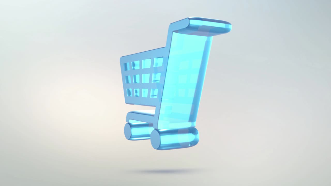 상점 아이콘은 유리로 만들어져 있으며, 알파 채널 파란색과 초록색을 가진 반투명 회전 쇼핑 아이콘입니다.