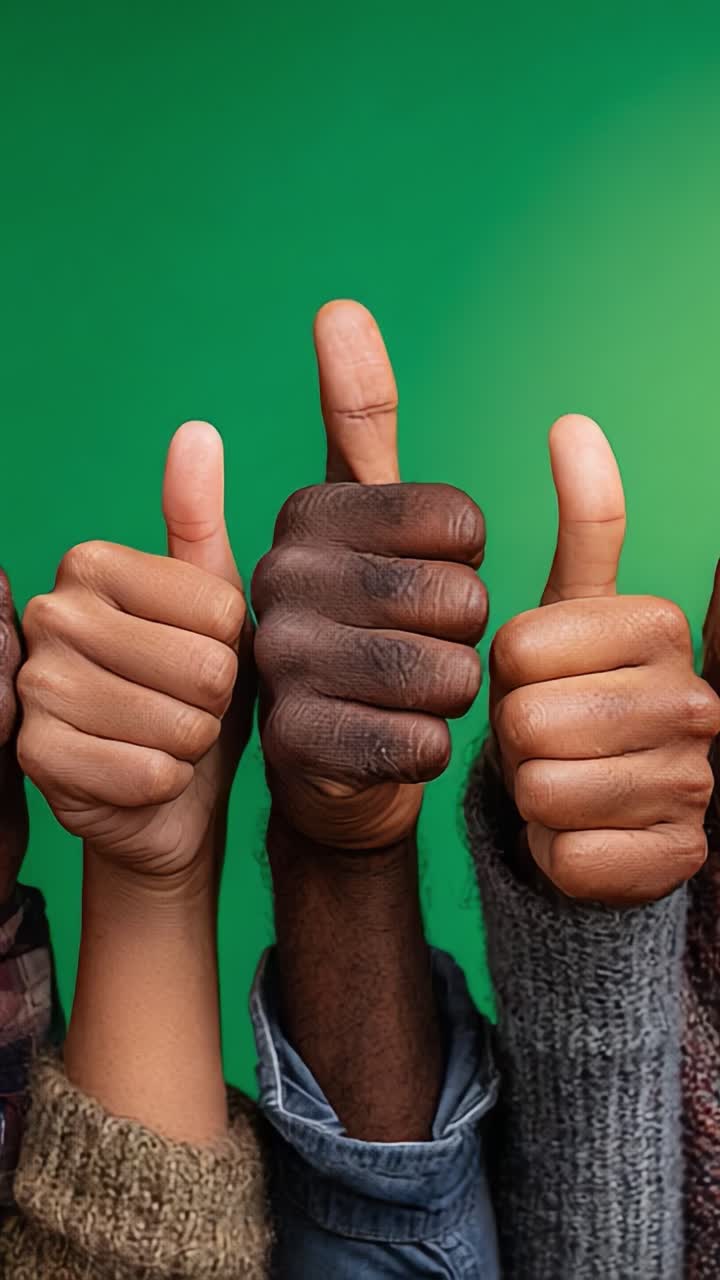 A Vibrant Display of Unity: Hands with Thumbs Up Gesture Against a Green Background Representing Acceptance, Positivity, and Encouragement