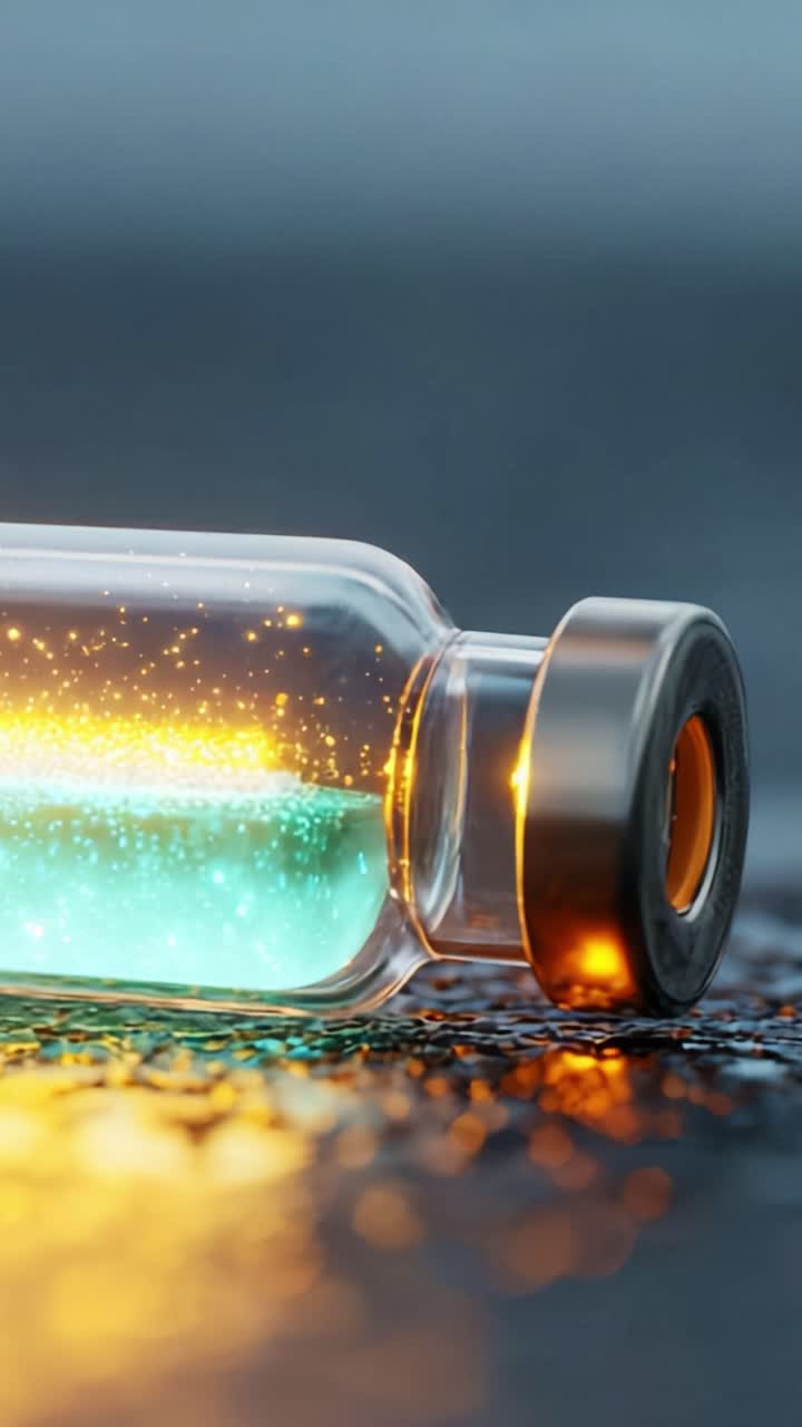 Radiante vial de cristal que captura elementos iridiscentes con un brillo deslumbrante, mostrando un fluido misterioso en su interior, ideal para destacar la ciencia y la innovación