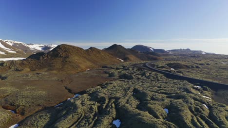 paisaje volcánico con campo de lava cubierto de musgo y montaña nevada con cielo azul al fondo en islandia