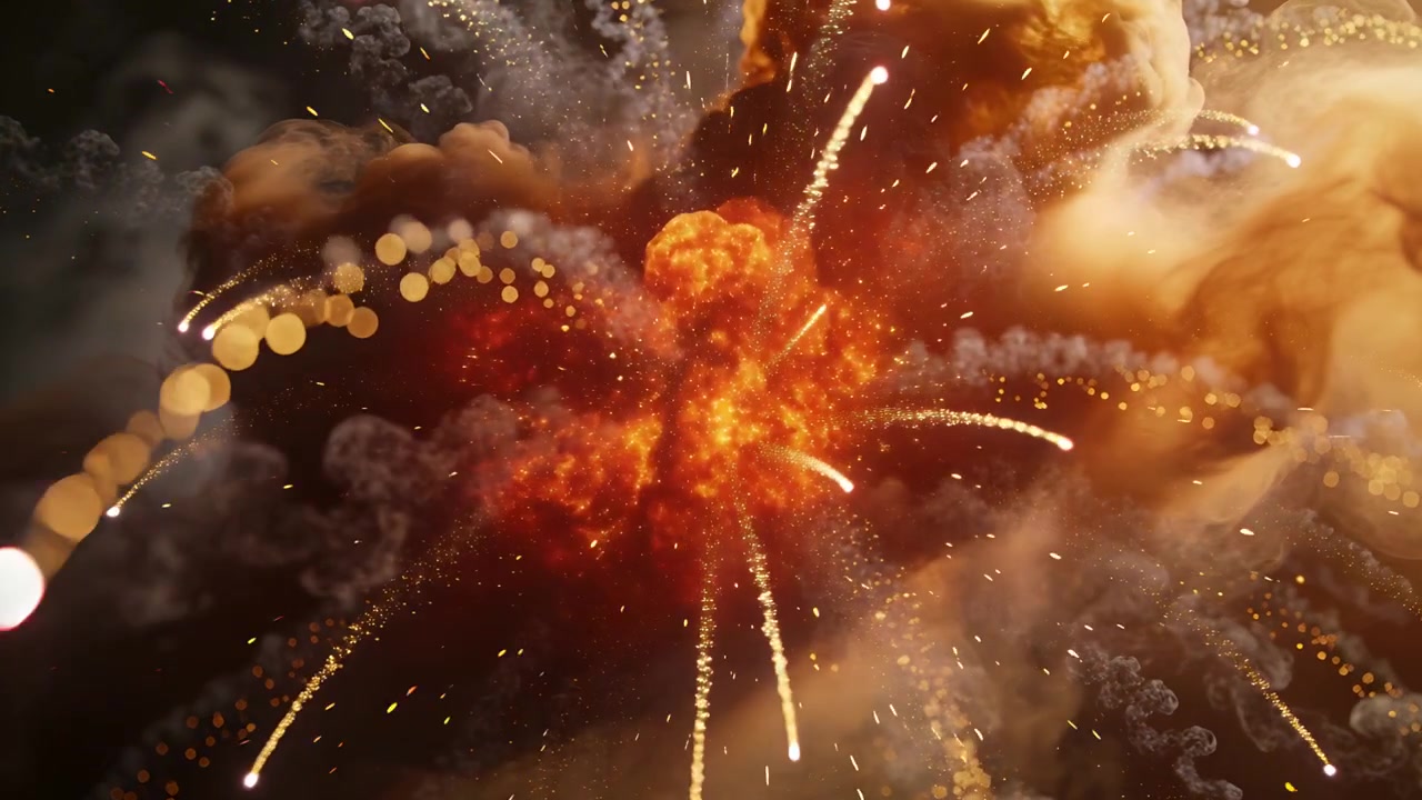 Igniting spark sending central fireball expanding on dark backdrop, with radiating sparks and smoke