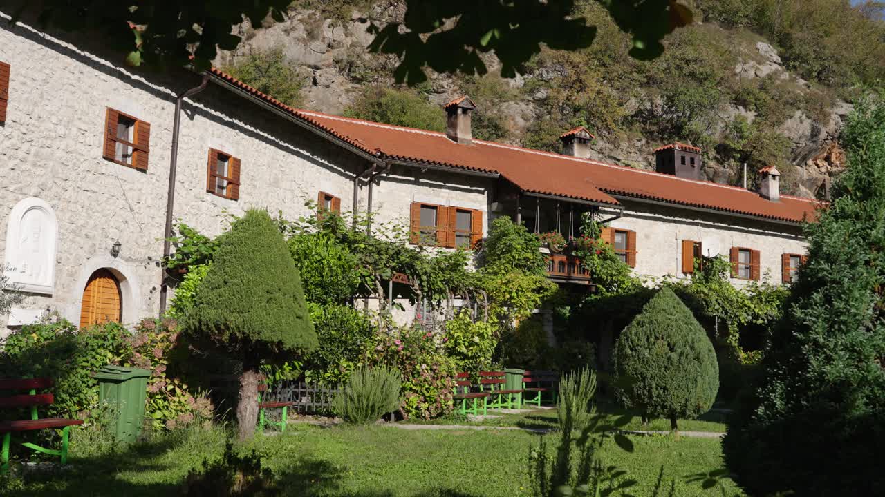 Moraca Monastery in Montenegro, serene garden, peaceful nature setting