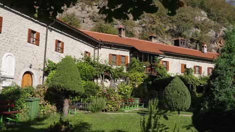 moraca monastery in montenegro, serene garden, peaceful nature setting