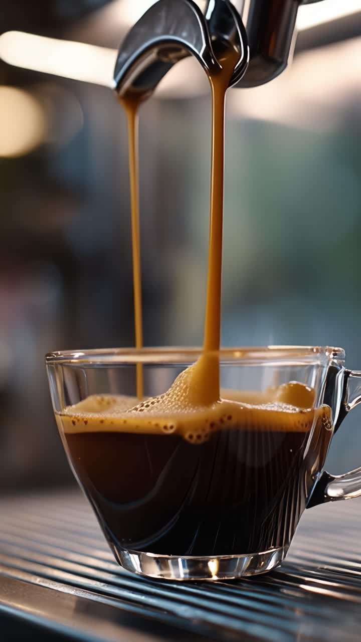 Una Vista Ravvicinata della Preparazione del Caffè: Esamina il Ricco Espresso che Scorre in una Tazza di Vetro Trasparente su una Macchina da Caffè con una Bella Crema in Superficie