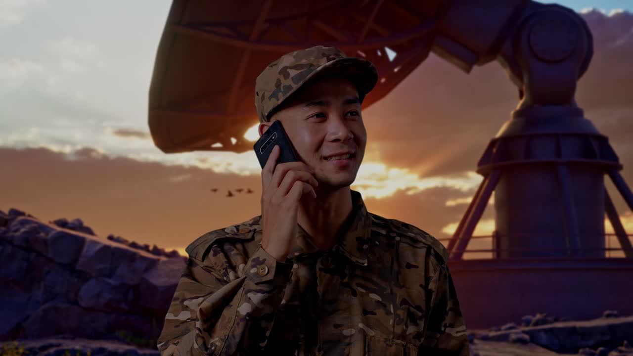 Close Up Of Asian Man Soldier Talking On Smartphone And Looking Around While Standing With Satellite Dish