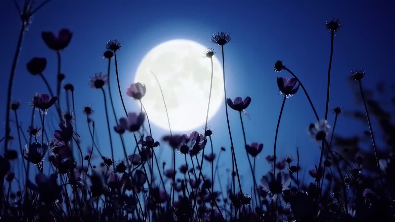 野花的低角度剪影，以滿月為背景，營造出寧靜的影片場景。