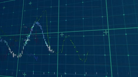 digital animation of financial data processing over grid network on blue background