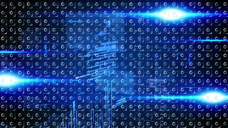 Animation of data processing over rotating loading circles on blue background