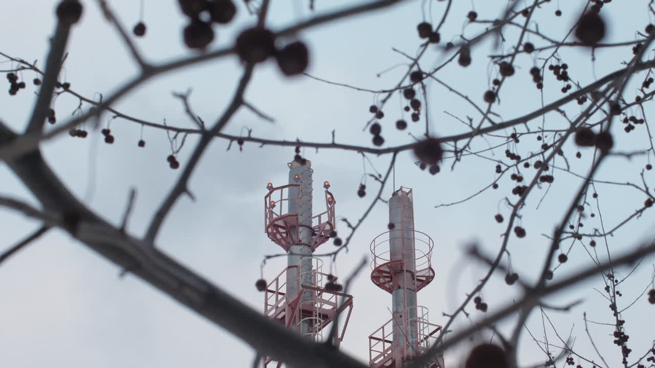 연기 굴과 나무가 있는 산업 시설