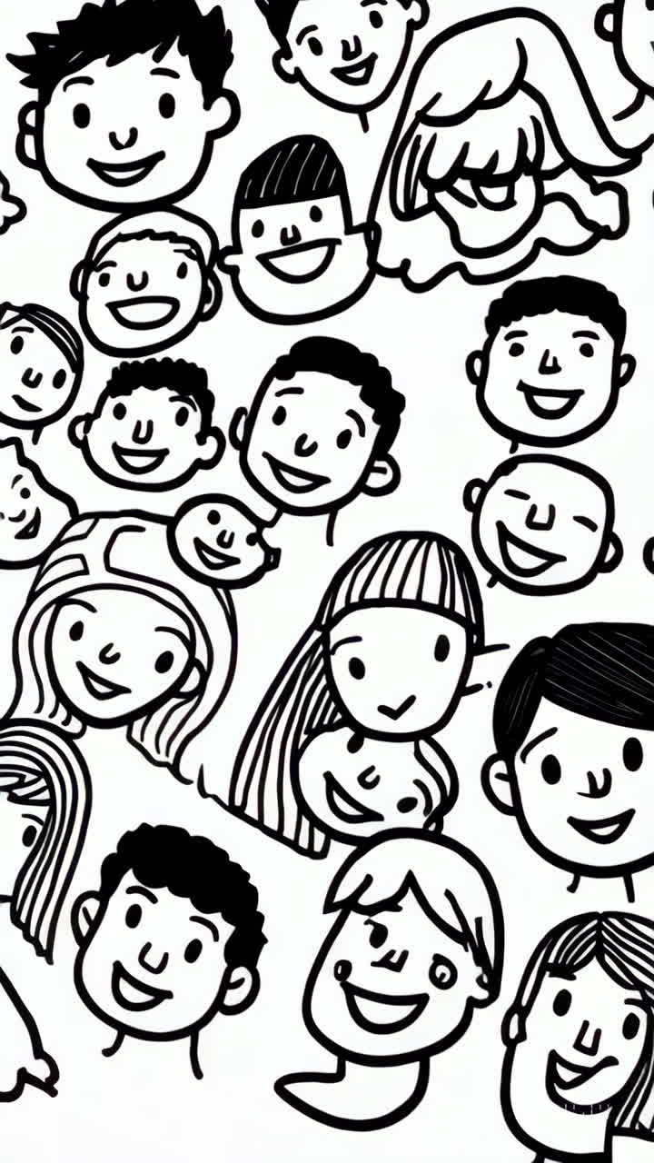 A large group of diverse cartoon faces illustrated in black and white