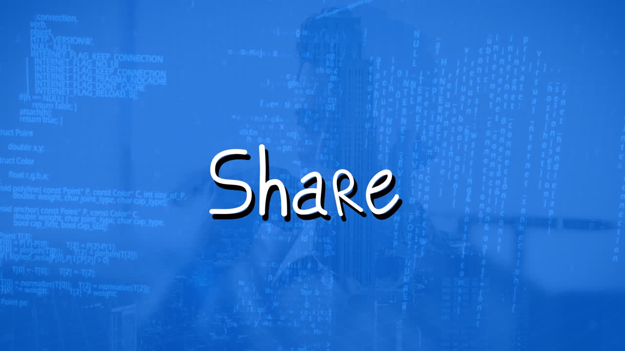 Animation of share text over data processing on blue background