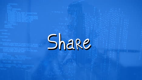 animation of share text over data processing on blue background