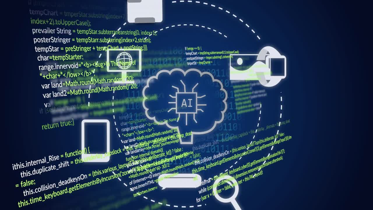 animación de un procesamiento de datos e iconos sobre un fondo oscuro
