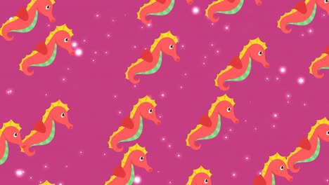 Animation-of-seahorse-icons-over-glowing-light-spots-on-purple-background