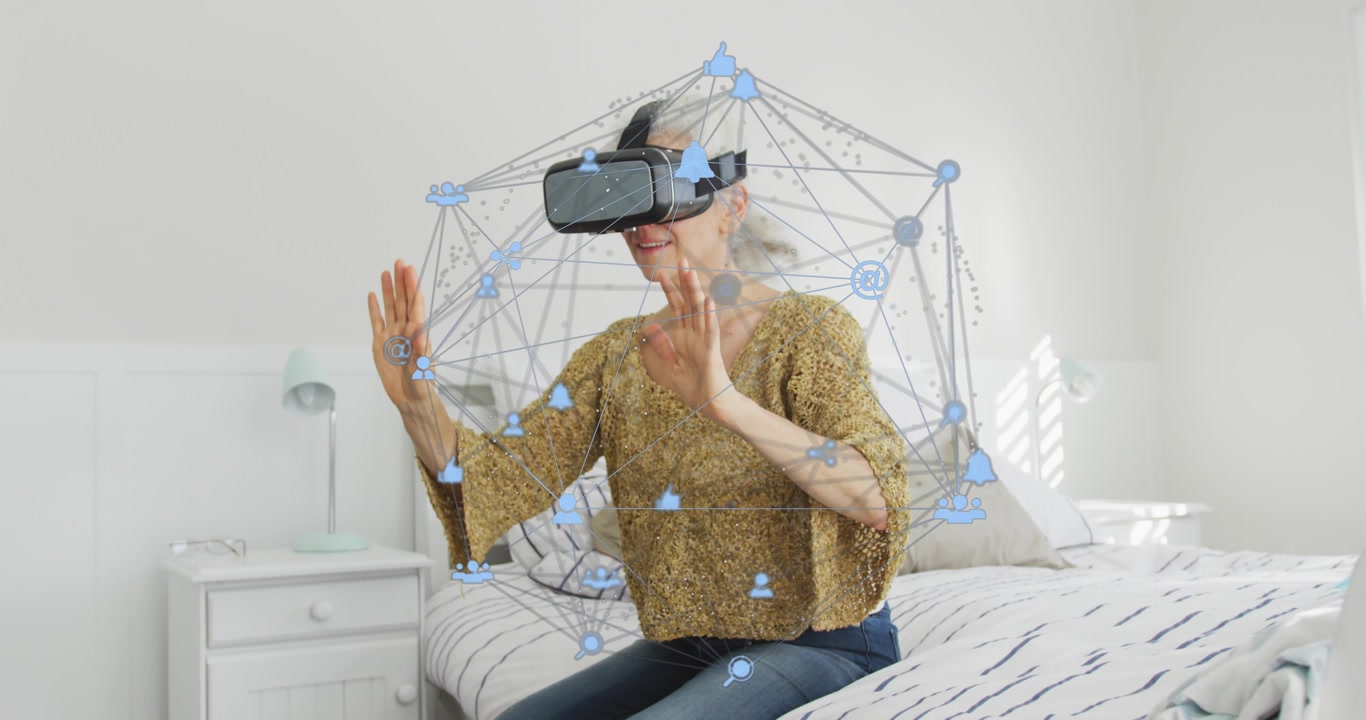 Mature woman wearing VR headset sitting edge bed, swiping network nodes for exploring 3D network