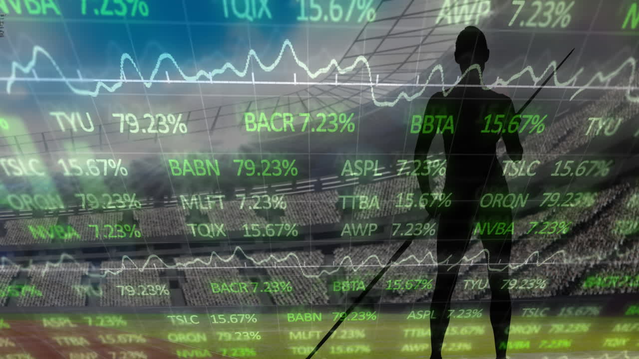 Animación de procesamiento de datos sobre una atleta femenina con una jabalina en un estadio deportivo.